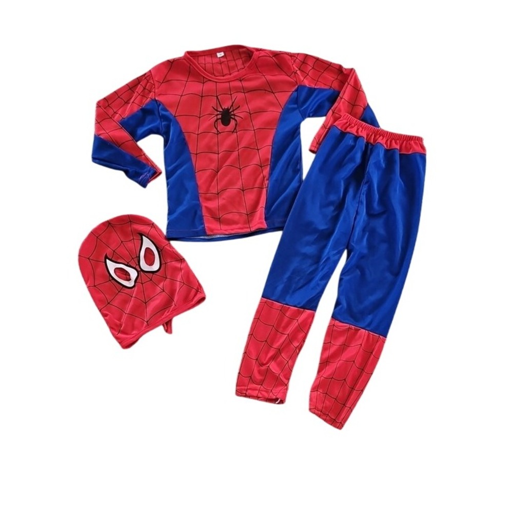 Spider-Man Kids Costume Set Red Blue Web Print 3pc Top Pants Mask Size M